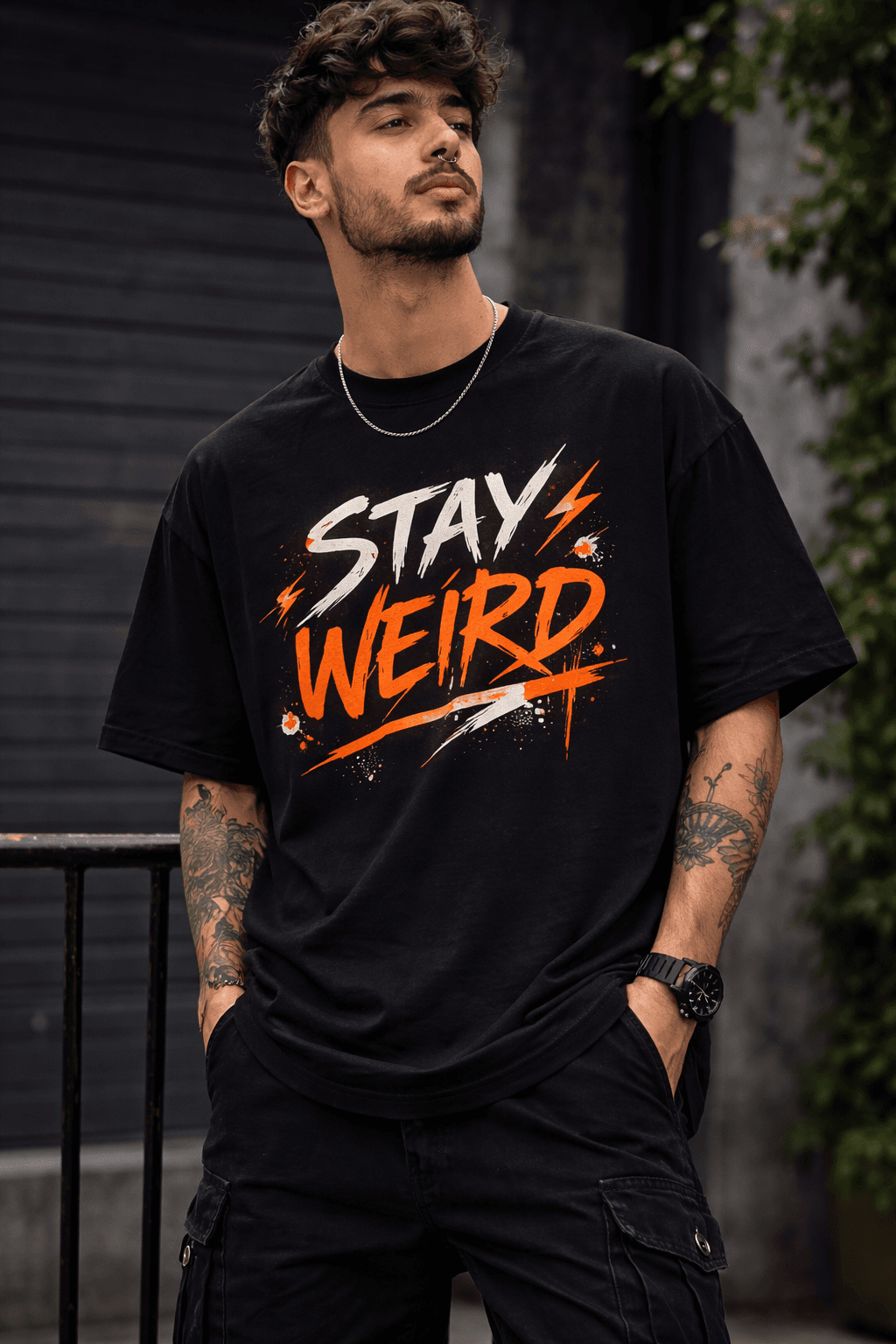 Stay Weird tee, worn on the street